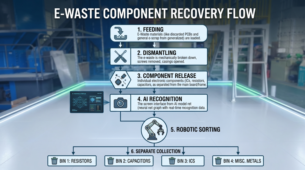 AI E-Waste Sorting Machine workflow for automatic electronic component sorting